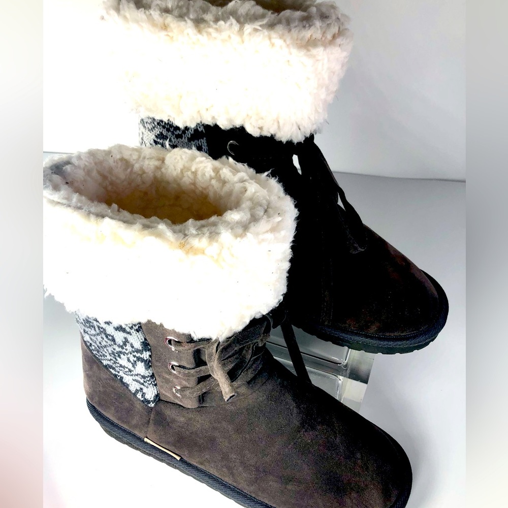 MUK LUKS FAUX FUR & FAUX SUEDE GREY WOMENS LINED WINTER BOOTS